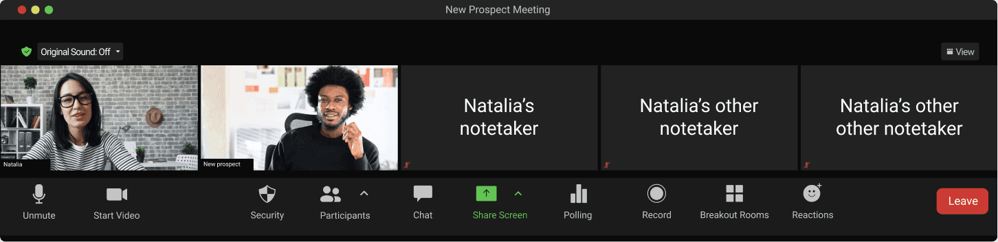 A video call interface showing 'Natalia’s notetaker' and 'Natalia’s other notetaker' joining a meeting