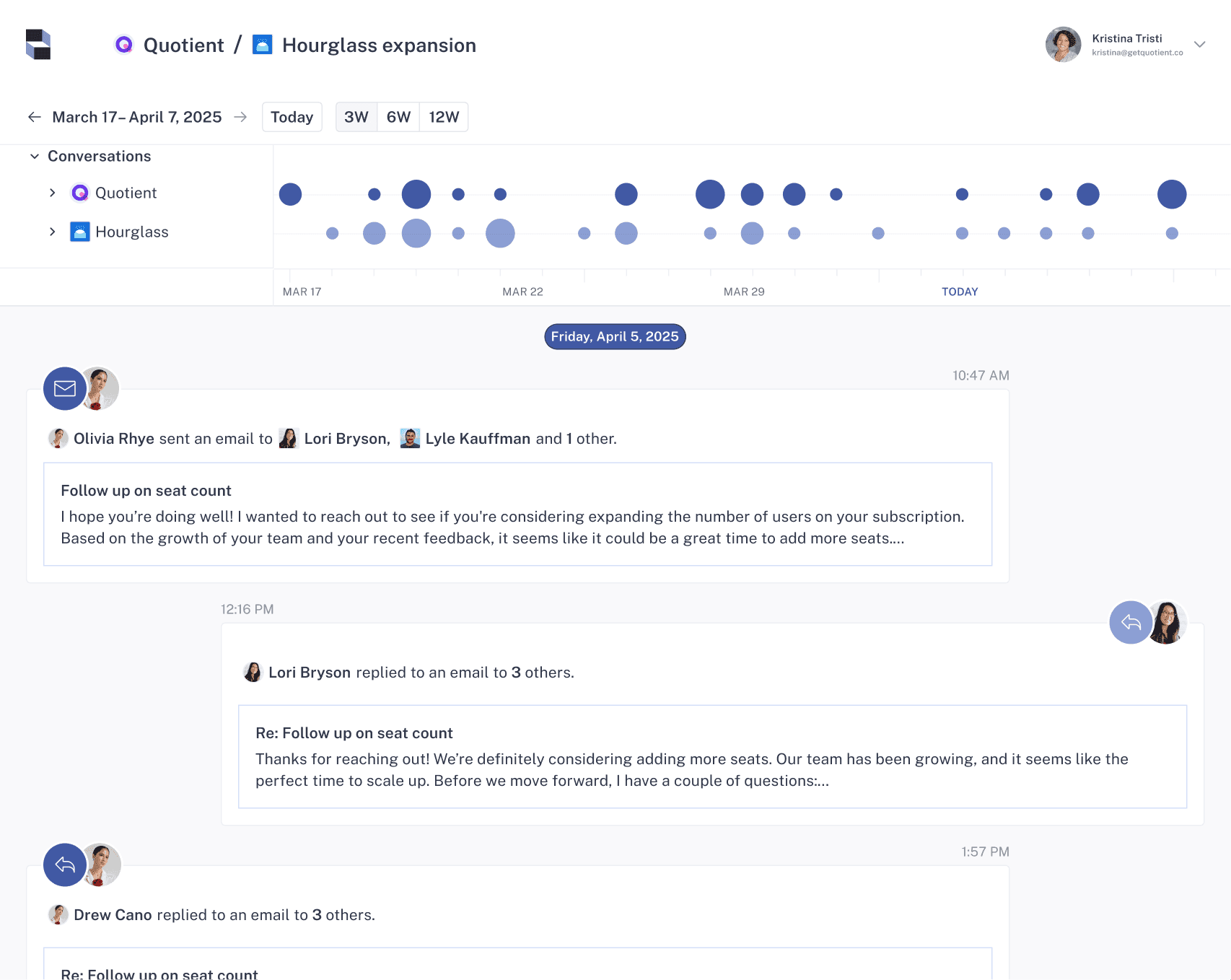 The Superframe app showing a timeline of customer conversations
